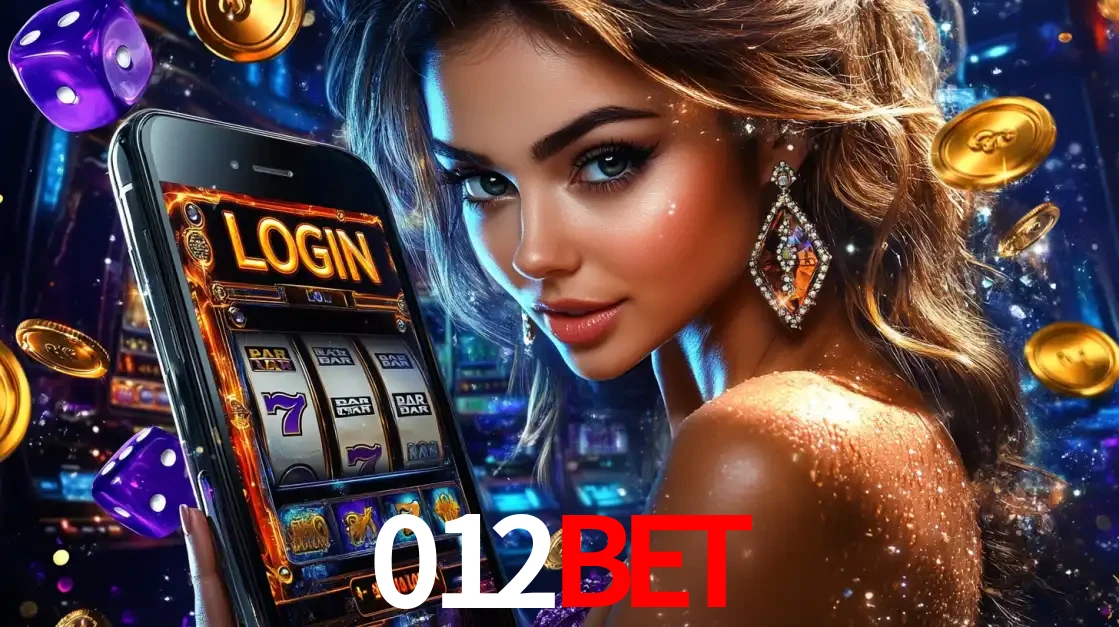 Mulher glamorosa segurando um smartphone com a tela de login para os jogos de caça-níqueis do cassino online 012bet, com moedas de ouro e dados ao redor.