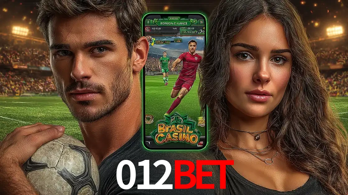 Homem segurando uma bola de futebol e uma mulher ao lado de um smartphone exibindo o jogo de apostas esportivas da 012bet. Faça seu palpite no cassino online.